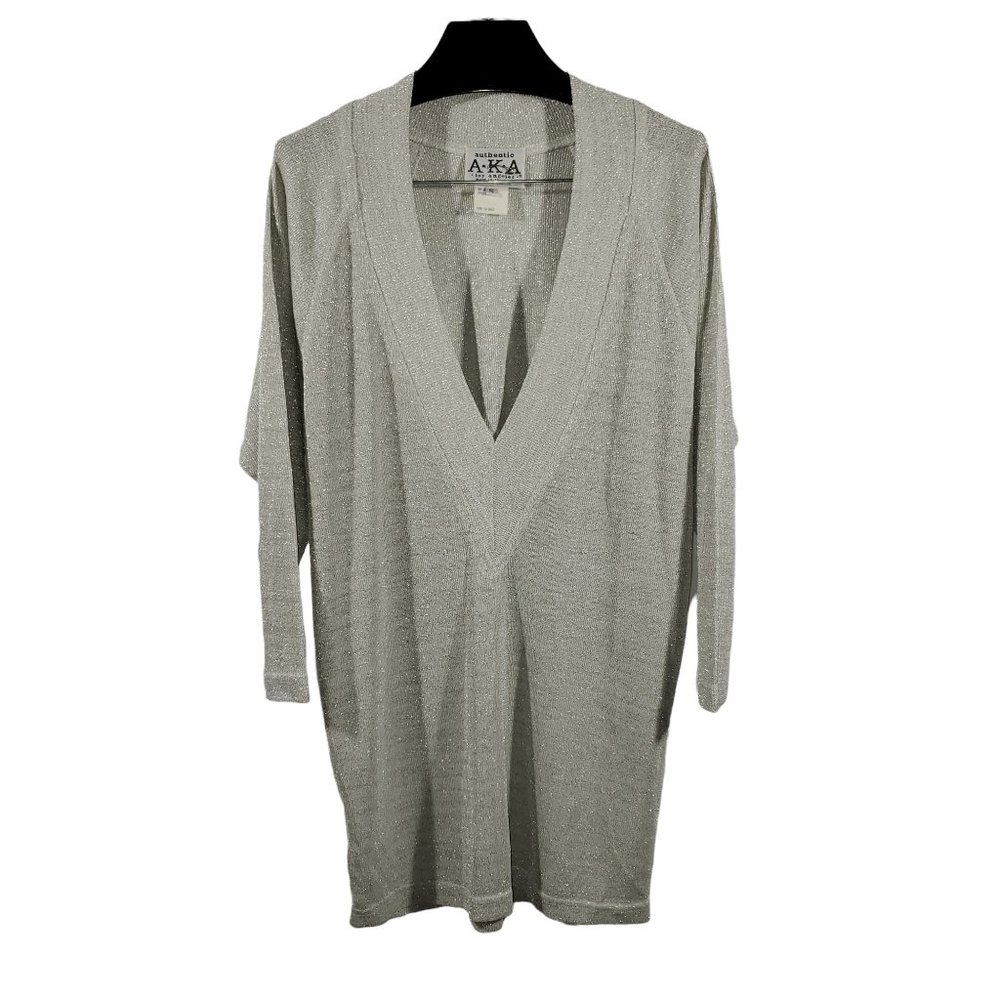 Metallic Silver Rib Knit Sweater Top Deep-V 3/4 Sleeve VTG 90s Party Festive